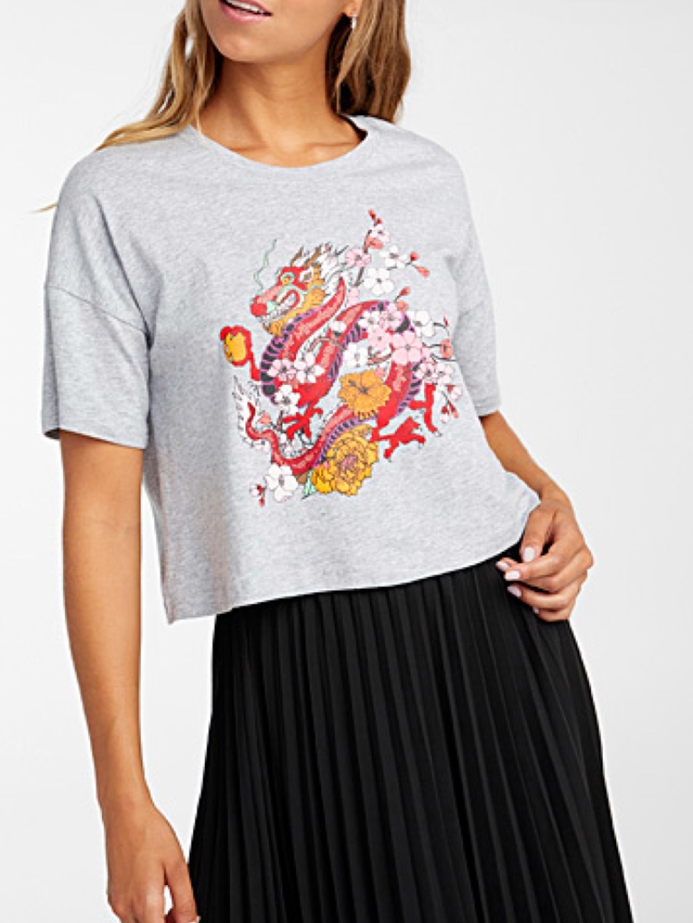 Noisy May gray oriental 100% cotton cropped oversized tee NWT